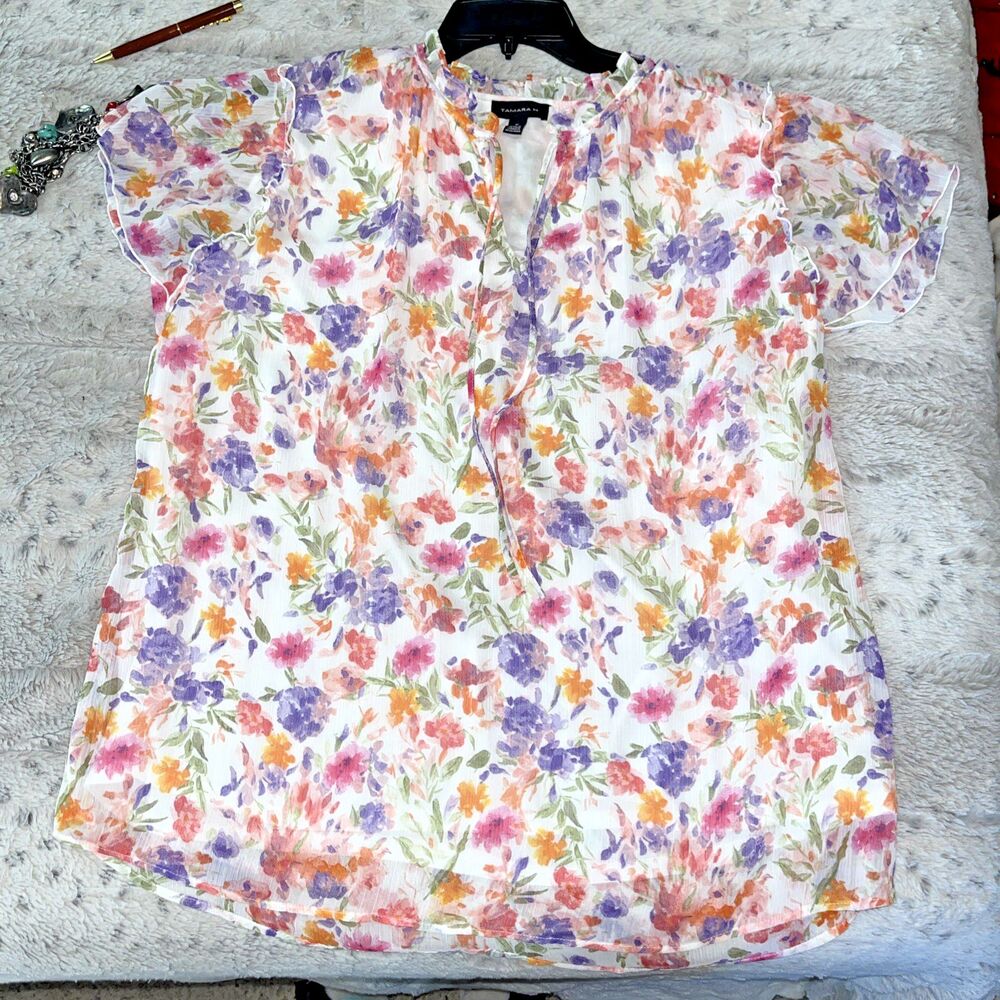 Tamara H. Floral Short Sleeve Layered Gathered Hem Textured Blouse Top Size 1X